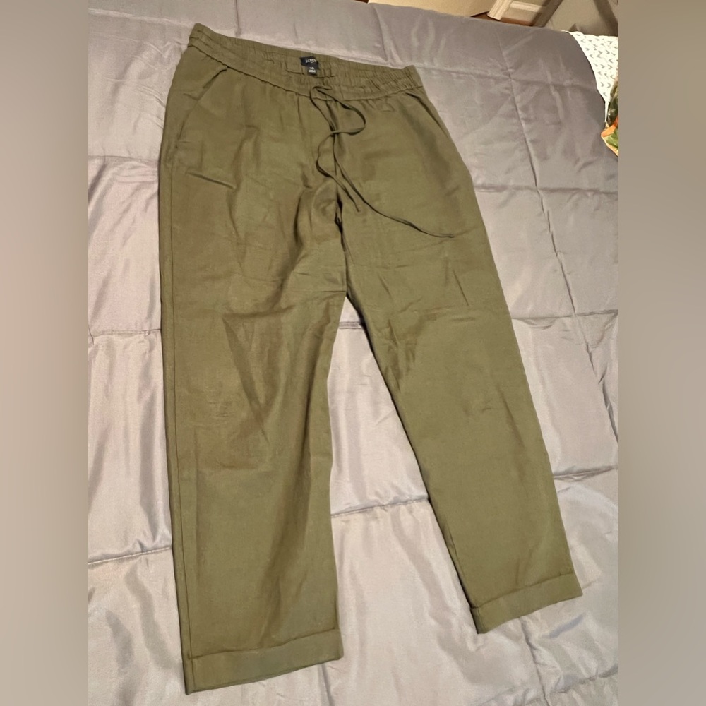 J Crew army green linen type pants size 10